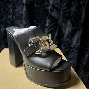 Steve Madden Hold Up Platform Mule Heels | Black Gold Chain | Size 9 (NIB)